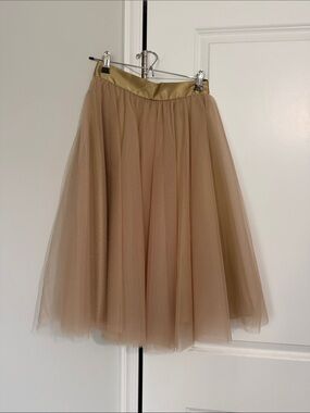 Space 46 Boutique Tulle Midi Skirt in Beige with Gold Waistband
